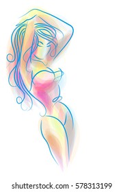 VECTOR 
stylish  original hand-drawn graphic with beautiful young   girl model for design. Fashion, style, youth, fitness, sports, beauty. Graphic, sketch, drawing. Sexy body.
