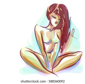 VECTOR 
stylish  original hand-drawn graphic with beautiful young   girl model for design. Fashion, style, youth, fitness, sports, beauty. Graphic, sketch, drawing
