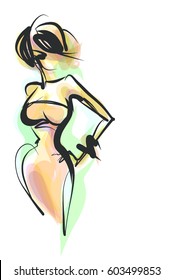 VECTOR 
stylish  original hand-drawn graphic with beautiful young girl model for design. Fashion, style, youth, fitness, sports, beauty. Graphic, sketch, drawing. Woman.

