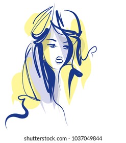 VECTOR 
stylish  original hand-drawn graphics portrait  with beautiful young attractive girl model for design. Fashion, style,    beauty . Graphic, sketch drawing. Sexy  woman

