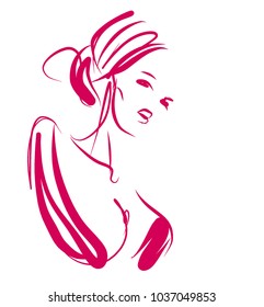 VECTOR 
stylish  original hand-drawn graphics portrait  with beautiful young attractive girl model for design. Fashion, style,    beauty . Graphic, sketch drawing. Sexy  woman
