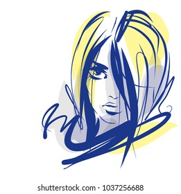 VECTOR 
stylish  original hand-drawn graphics portrait  with beautiful young attractive girl model for design. Fashion, style,    beauty . Graphic, sketch drawing. Sexy  woman
