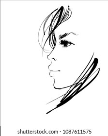 VECTOR 
stylish  original hand-drawn graphics portrait  with beautiful young attractive girl model for design. Fashion, style,    beauty . Graphic, sketch drawing.  
logotype
