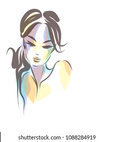 VECTOR stylish  original hand-drawn graphics portrait  with beautiful young attractive girl model for design. Fashion, style,  beauty. Graphic, sketch drawing. logotype
