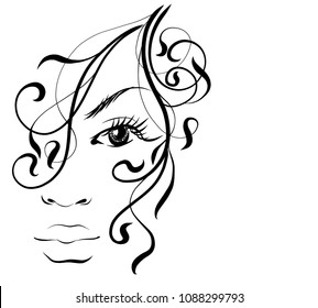 VECTOR stylish  original hand-drawn graphics portrait  with beautiful young attractive girl model for design. Fashion, style,    beauty . Graphic, sketch drawing.  logotype, pattern ,  ornament
