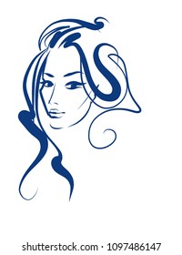 VECTOR 
stylish  original hand-drawn graphics portrait  with beautiful young attractive girl model for design. Fashion, style,    beauty . Graphic, sketch drawing.  
logotype
