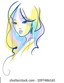 VECTOR 
stylish  original hand-drawn graphics portrait  with beautiful young attractive girl model for design. Fashion, style,    beauty . Graphic, sketch drawing.  
logotype
