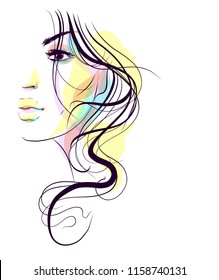 VECTOR 
stylish  original hand-drawn graphics portrait  with beautiful young attractive girl model for design. Fashion, style,    beauty . Graphic, sketch drawing.  
