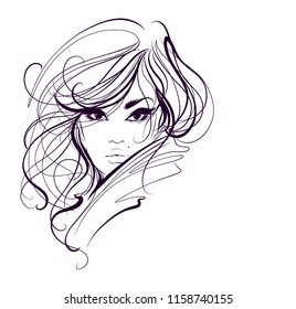 VECTOR 
stylish  original hand-drawn graphics portrait  with beautiful young attractive girl model for design. Fashion, style,    beauty . Graphic, sketch drawing.  
