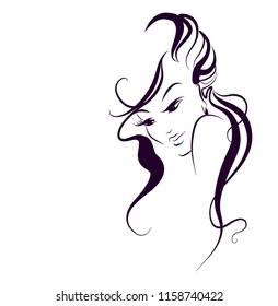 VECTOR 
stylish  original hand-drawn graphics portrait  with beautiful young attractive girl model for design. Fashion, style,    beauty . Graphic, sketch drawing.  
