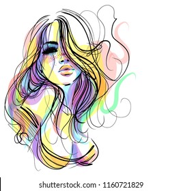 VECTOR 
elegante retrato gráfico original dibujado a mano con bello y atractivo modelo de chica para el diseño. Moda, estilo,    belleza. Dibujo gráfico, dibujo de esbozo.  
logotipo


