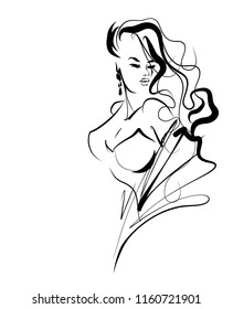 VECTOR 
stylish  original hand-drawn graphics portrait  with beautiful young attractive girl model for design. Fashion, style,    beauty . Graphic, sketch drawing.  
logotype

