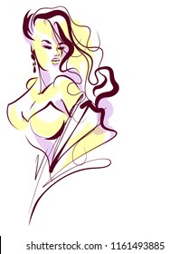 VECTOR 
stylish  original hand-drawn graphics portrait  with beautiful young attractive girl model for design. Fashion, style,    beauty . Graphic, sketch drawing.  
logotype

