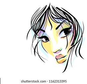 VECTOR 
stylish  original hand-drawn graphics portrait  with beautiful young attractive girl model for design. Fashion, style,    beauty . Graphic, sketch drawing.  
logotype

