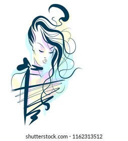 VECTOR 
stylish  original hand-drawn graphics portrait  with beautiful young attractive girl model for design. Fashion, style,    beauty . Graphic, sketch drawing.  
logotype

