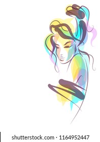 VECTOR 
stylish  original hand-drawn graphics portrait  with beautiful young attractive girl model for design. Fashion, style,    beauty . Graphic, sketch drawing.  
logotype
