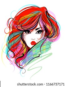 VECTOR original y elegante retrato gráfico dibujado a mano con bello modelo joven y atractivo para el diseño. Moda, estilo, belleza. Dibujo gráfico, dibujo de esbozo. logotipo
