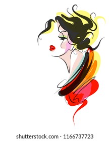 VECTOR stylish original hand-drawn graphics portrait with beautiful young attractive girl model for design. Fashion, style, beauty. Graphic, sketch drawing. logotype
