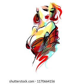 VECTOR 
stylish  original hand-drawn graphics portrait  with beautiful young attractive girl model for design. Fashion, style,    beauty . Graphic, sketch drawing. 