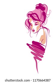 VECTOR 
stylish  original hand-drawn graphics portrait  with beautiful young attractive girl model for design. Fashion, style,    beauty . Graphic, sketch drawing.  