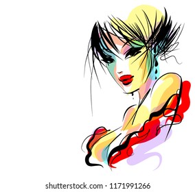 VECTOR 
stylish  original hand-drawn graphics portrait  with beautiful young attractive girl model for design. Fashion, style,    beauty . Graphic, sketch drawing.  
logotype
