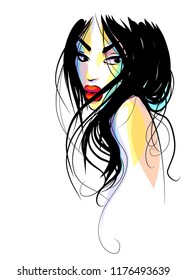 VECTOR 
stylish  original hand-drawn graphics portrait  with beautiful young attractive girl model for design. Fashion, style,    beauty . Graphic, sketch drawing.  
logotype
