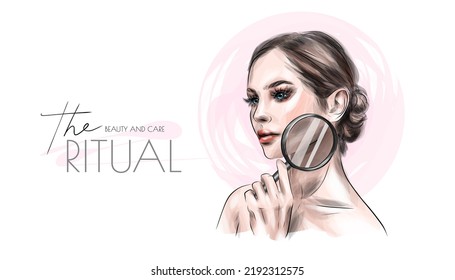 VECTOR stylish original hand-drawn graphics portrait with beautiful young attractive girl model for design. Fashion, style, beauty . Graphic, sketch drawing. Sexy woman