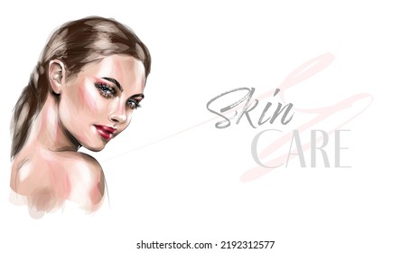 VECTOR stylish original hand-drawn graphics portrait with beautiful young attractive girl model for design. Fashion, style, beauty . Graphic, sketch drawing. Sexy woman