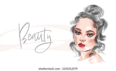VECTOR stylisches, handgezeichnetes Grafikporträt mit schönem jungen, attraktiven Mädchenmodell für Design. Mode, Stil, Schönheit. Grafik, Skizze. Sexualfrau