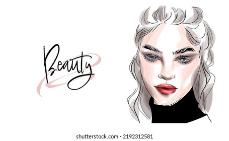 VECTOR stylish original hand-drawn graphics portrait with beautiful young attractive girl model for design. Fashion, style, beauty . Graphic, sketch drawing. Sexy woman