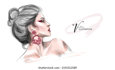 VECTOR stylish original hand-drawn graphics portrait with beautiful young attractive girl model for design. Fashion, style, beauty . Graphic, sketch drawing. Sexy woman