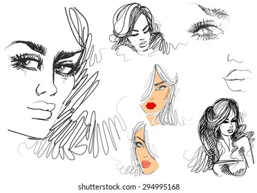 VECTOR 
stylish  original hand-drawn graphics portrait  with beautiful young attractive girl model for design. Fashion, style,    beauty . Graphic, sketch drawing. Sexy  woman
