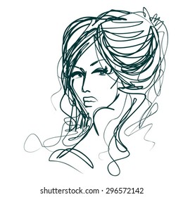 VECTOR  stylish  original hand-drawn graphics portrait  with beautiful young attractive girl model for design. Fashion, style,    beauty . Graphic, sketch drawing. Sexy  woman 