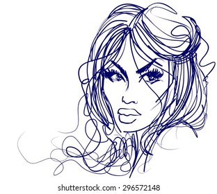 VECTOR  stylish  original hand-drawn graphics portrait  with beautiful young attractive girl model for design. Fashion, style,    beauty . Graphic, sketch drawing. Sexy  woman 