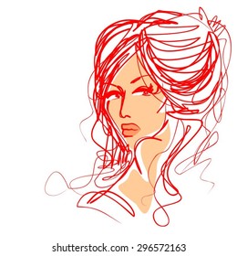 VECTOR  stylish  original hand-drawn graphics portrait  with beautiful young attractive girl model for design. Fashion, style,    beauty . Graphic, sketch drawing. Sexy  woman 