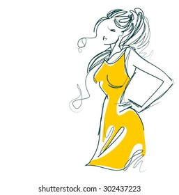 VECTOR 
stylish  original hand-drawn graphics with beautiful young attractive girl model for design. Fashion, style,  beauty, advertising. Graphic, sketch drawing. Sexy woman . 
