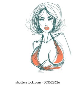 
VECTOR 
stylish  original hand-drawn graphics portrait  with beautiful young attractive girl model for design. Fashion, style,    beauty . Graphic, sketch drawing. Sexy  woman
