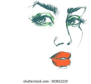 VECTOR 
stylish  original hand-drawn graphics portrait  with beautiful young attractive girl model for design. Fashion, style,    beauty . Graphic, sketch drawing. Sexy  woman
