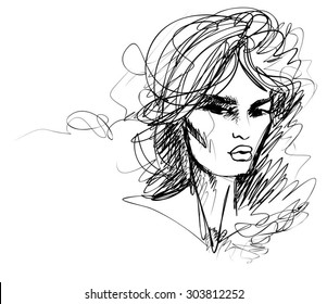 VECTOR 
stylish  original hand-drawn graphics portrait  with beautiful young attractive girl model for design. Fashion, style,    beauty . Graphic, sketch drawing. Sexy  woman
