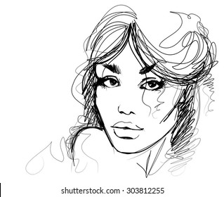 VECTOR 
stylish  original hand-drawn graphics portrait  with beautiful young attractive girl model for design. Fashion, style,    beauty . Graphic, sketch drawing. Sexy  woman

