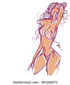 
VECTOR 
stylish  original hand-drawn graphics with beautiful young attractive girl model for design. Fashion, style,  beauty, advertising. Graphic, sketch drawing. Sexy woman 
