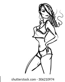 VECTOR 
stylish  original hand-drawn graphics with beautiful young  girl model for design. Fashion, style, fitness, sports, beauty. Graphic, sketch drawing. Sexy body.
