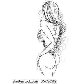 VECTOR 
stylish  original hand-drawn graphics with beautiful young   girl model for design. Fashion, style, youth, fitness, sports, beauty. Graphic, sketch, drawing. Sexy body.
