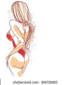 VECTOR 
stylish  original hand-drawn graphics with beautiful young   girl model for design. Fashion, style, youth, fitness, sports, beauty. Graphic, sketch, drawing. Sexy body.
