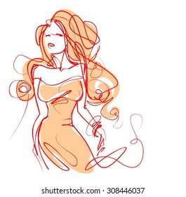 VECTOR 
stylish  original hand-drawn graphics with beautiful young   girl model for design. Fashion, style, youth,   beauty,  . Graphic, sketch drawing. Sexy woman.  
