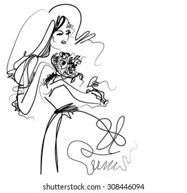 VECTOR 
stylish  original hand-drawn graphics with beautiful young   girl model for design. Fashion, style, youth,   beauty,  . Graphic, sketch drawing. Sexy woman.  