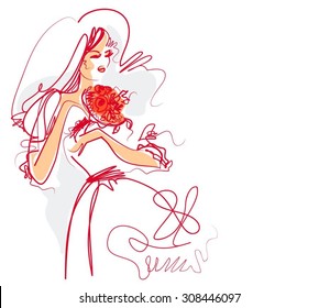 VECTOR 
stylish  original hand-drawn graphics with beautiful young   girl model for design. Fashion, style, youth,   beauty,  . Graphic, sketch drawing. Sexy woman.  