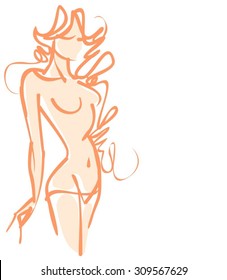 VECTOR stylish  original hand-drawn graphics with beautiful young   girl model for design. Fashion, style, youth,   beauty,  . Graphic, sketch drawing. Sexy woman