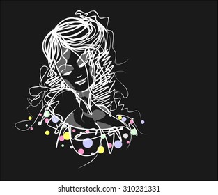  
VECTOR 
stylish  original hand-drawn graphics portrait  with beautiful young attractive girl model for design. Fashion, style,    beauty . Graphic, sketch drawing. Sexy  woman
