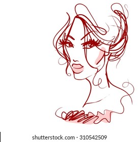 Vector stylish original hand-drawn graphics portrait  with beautiful young attractive girl model for design. Fashion, style, beauty. Graphic, sketch drawing. Sexy woman

